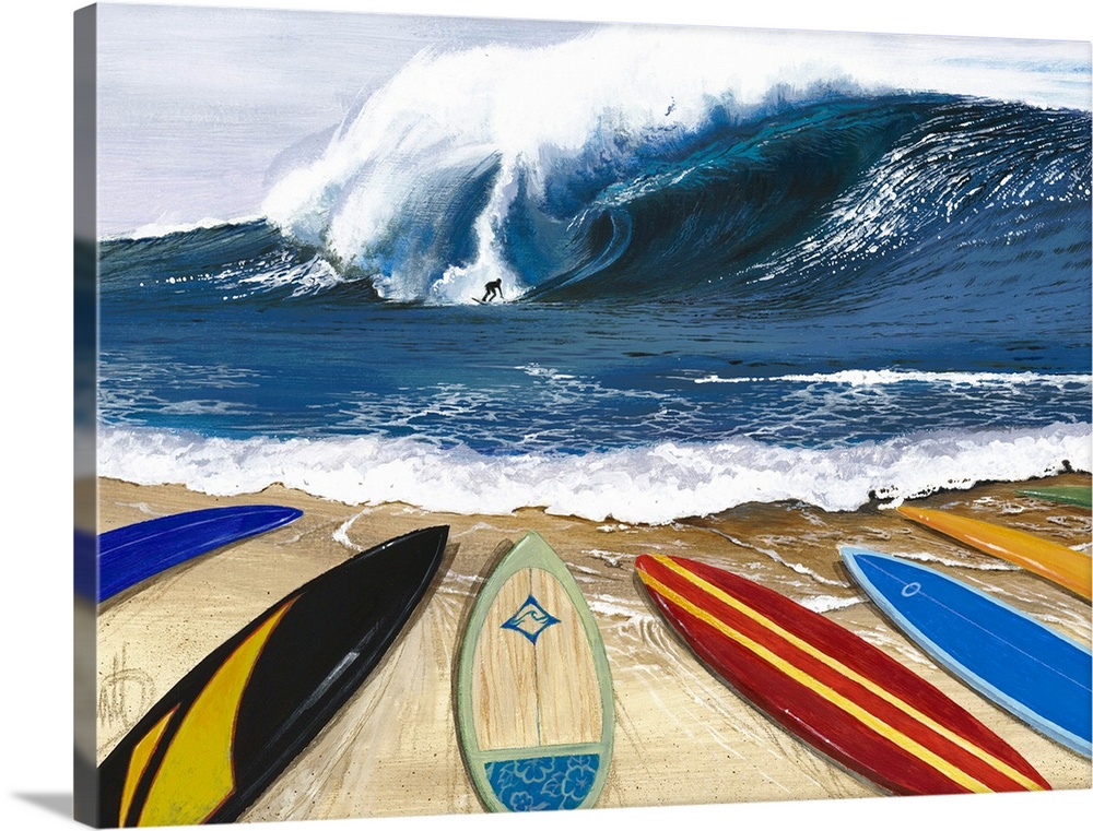 Large painting of surfboards laying on a beach with a surfer riding a big wave in the distnace.