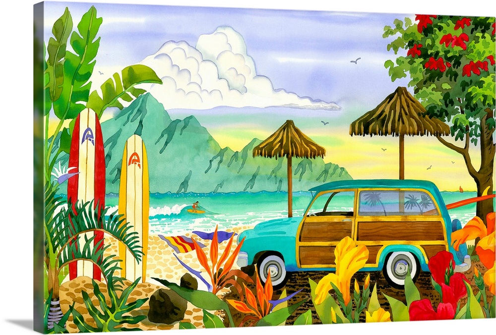 Big, horizontal canvas art of a woody station wagon parked near a beach with palms and brightly colored flowers, two umbre...