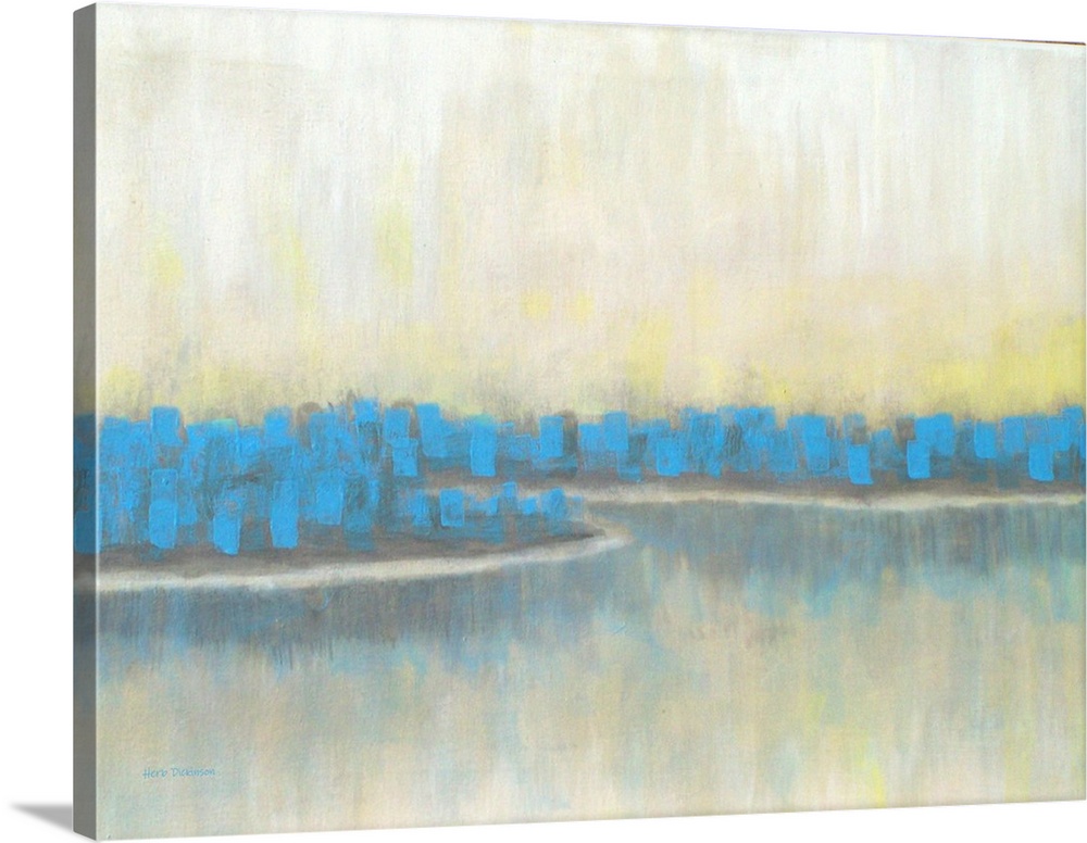 Abstract landscape painting of a lake lined with blue trees.