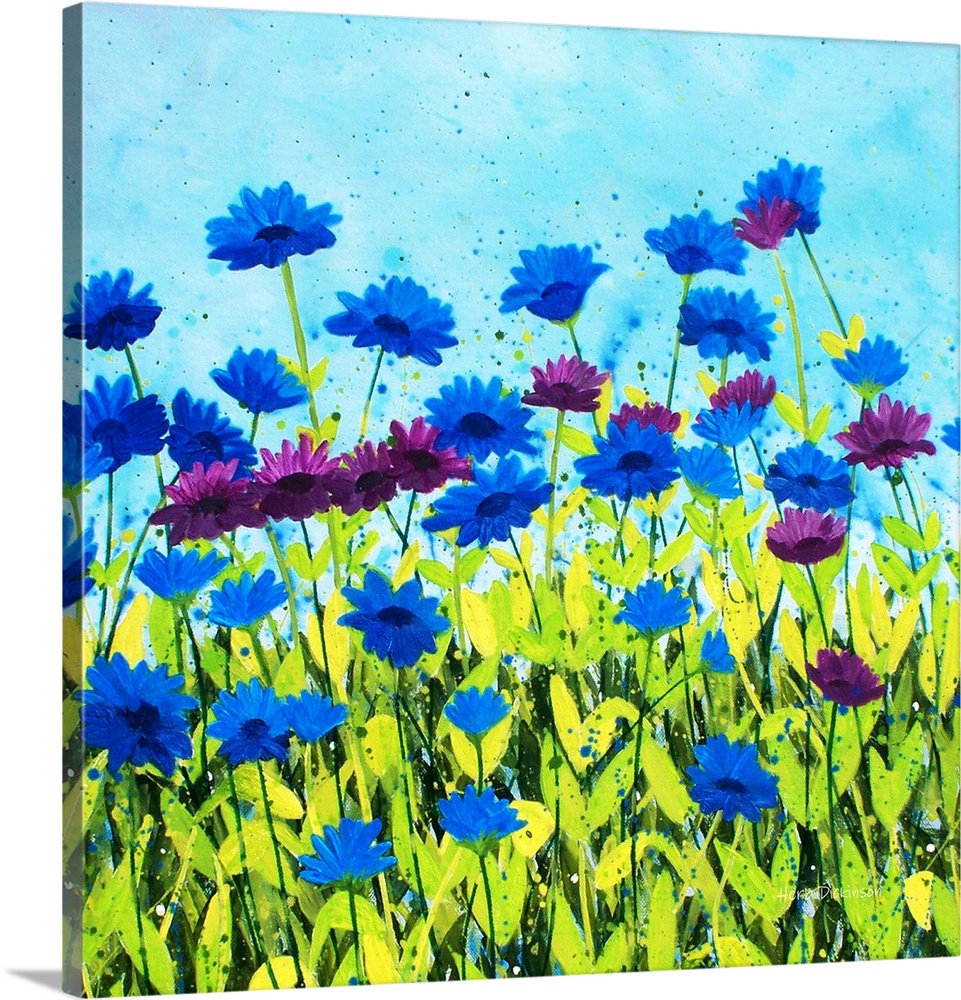 Purple and blue daisies with stems and leaves in shades of green below and a light blue sky on a square background.