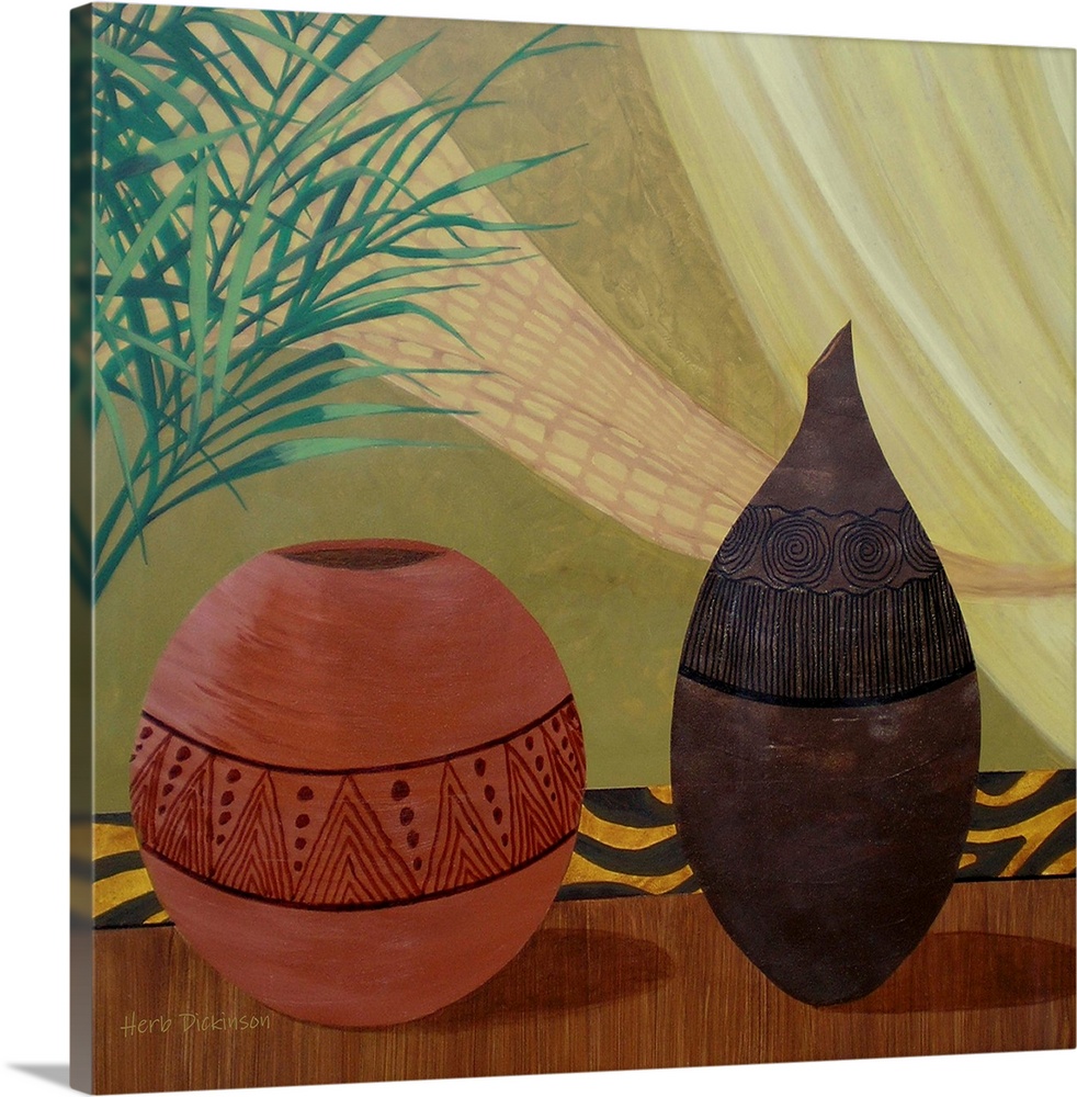 Square still life painting of two African pots with lined designs.