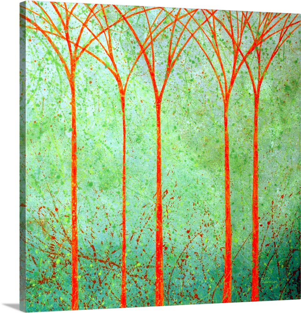 Orange Winter trees on a green and yellow paint splattered background.