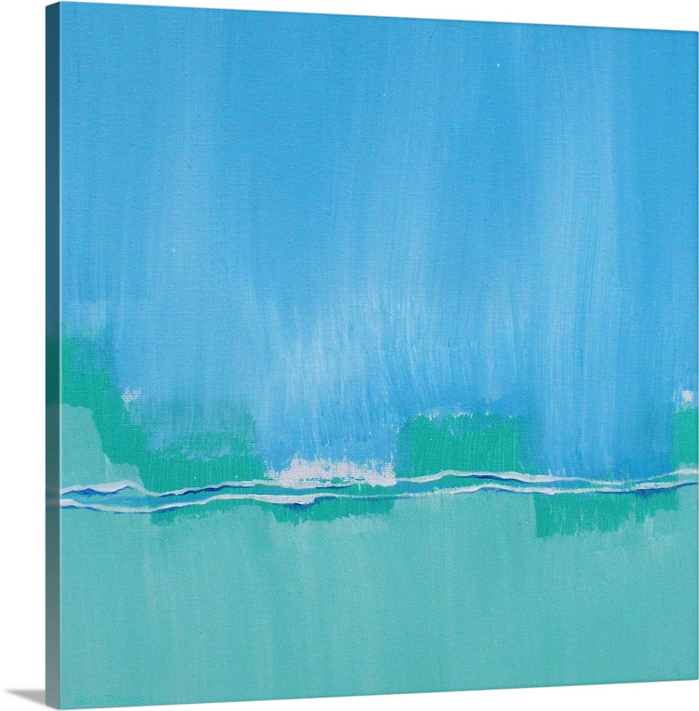 Abstract painting representing an arctic landscape in shades of blue, green, and white on a square background.