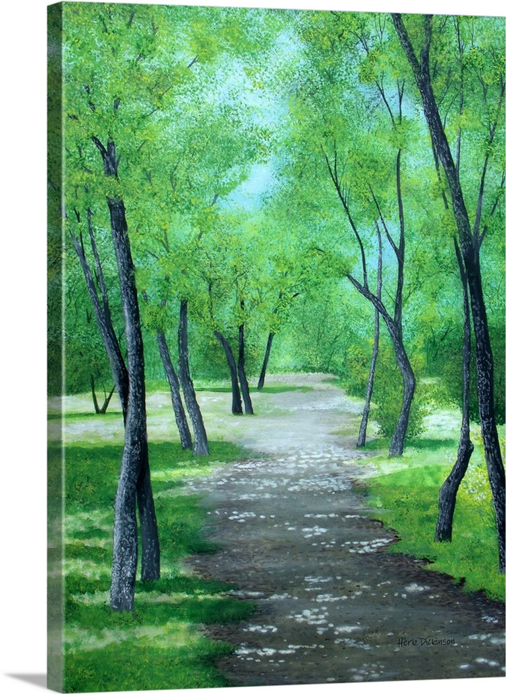 Landscape painting of a path leading through a park filled with lush green trees in Asheville, NC.