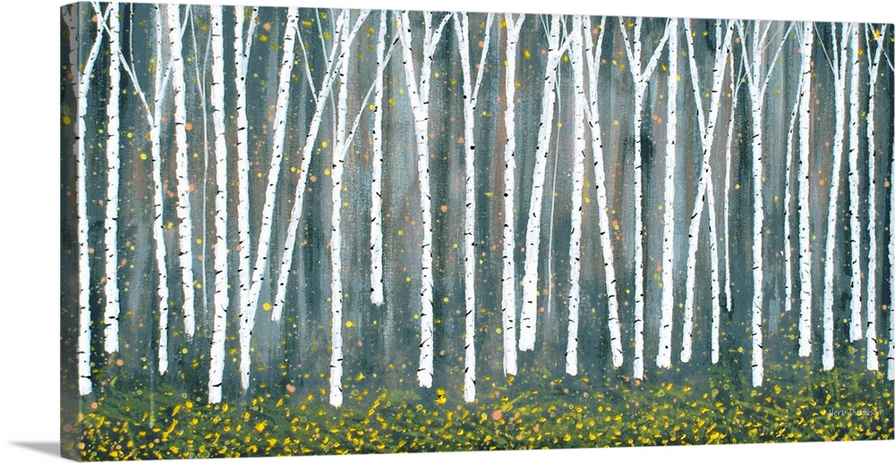 Contemporary painting of Birch trees in the forest with yellow falling leaves.