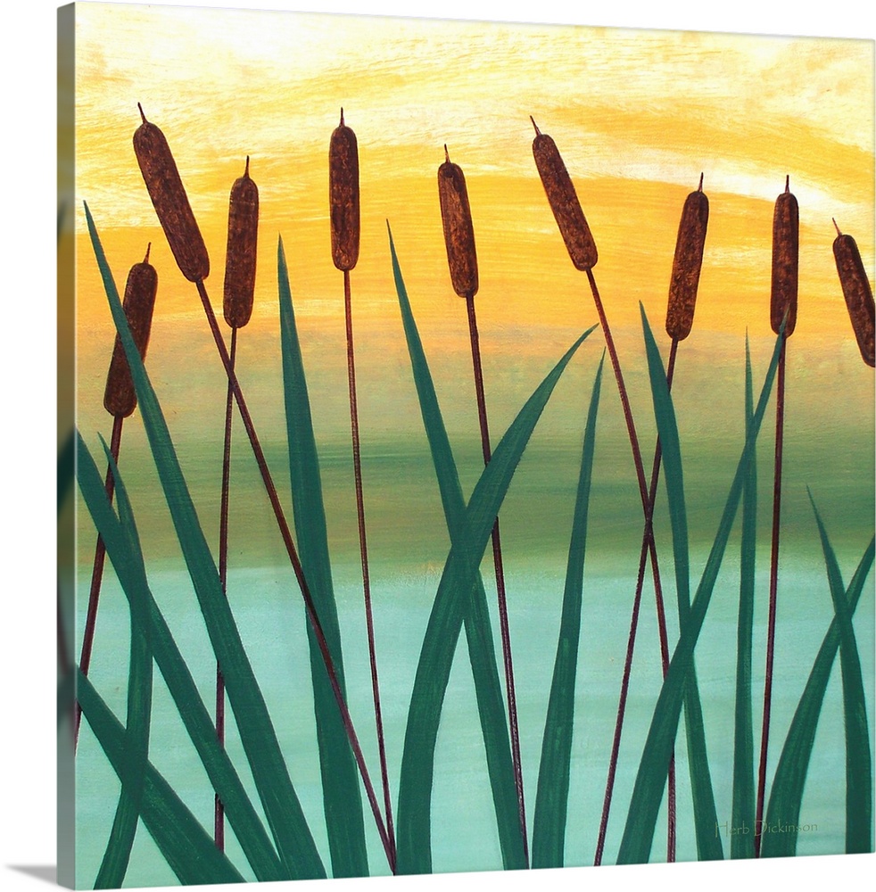 Square painting of cattails by the river with blue, green, brown, and yellow hues.