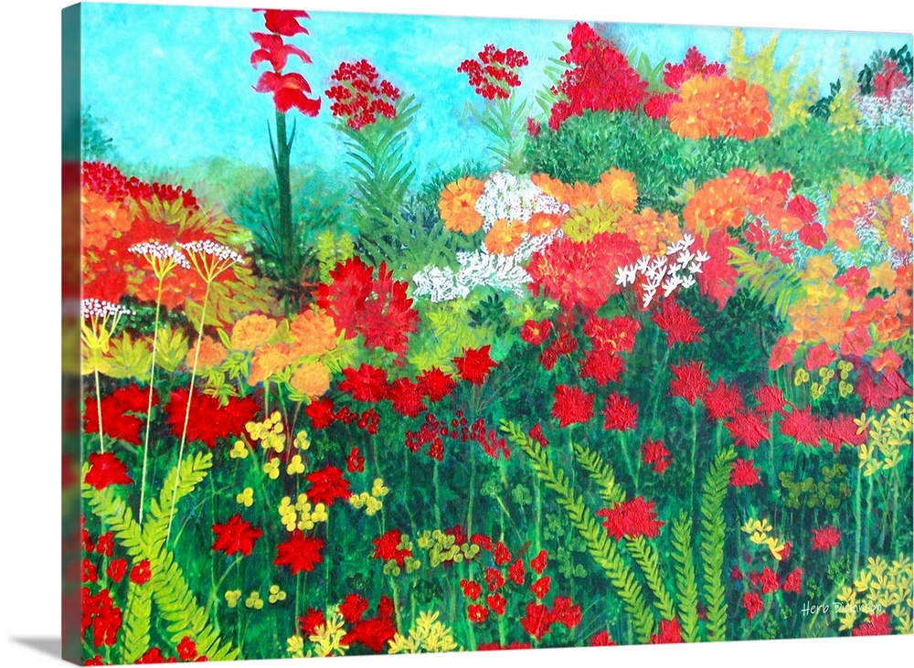 Contemporary painting of a garden with orange, red, and white flowers surrounded by greenery and a blue sky.