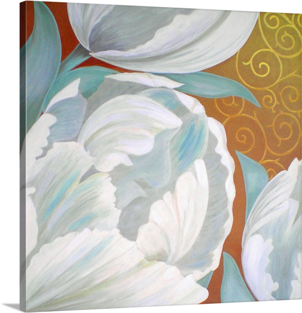 Square artwork with white tulips that have light blue highlights and leaves on a decorative red, orange, and yellow backgr...