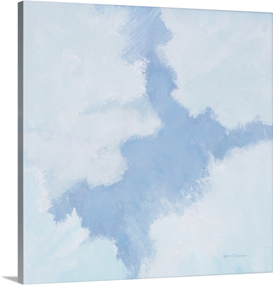Square painting of a cloudscape in shades of blue, gray, and white.