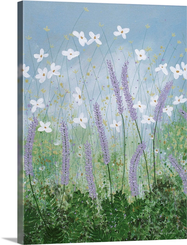 Contemporary painting of purple, white, and yellow wildflowers in a grassy field with a dusty blue sky.