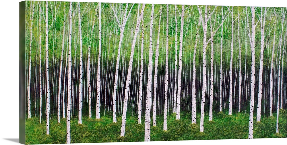 Contemporary painting of lines of trees in a forest with green leaves and grass.