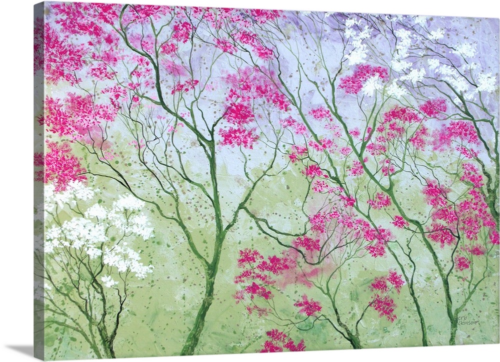 Colorful painting of tree tops with pink, purple, and white blossoms on a green background.