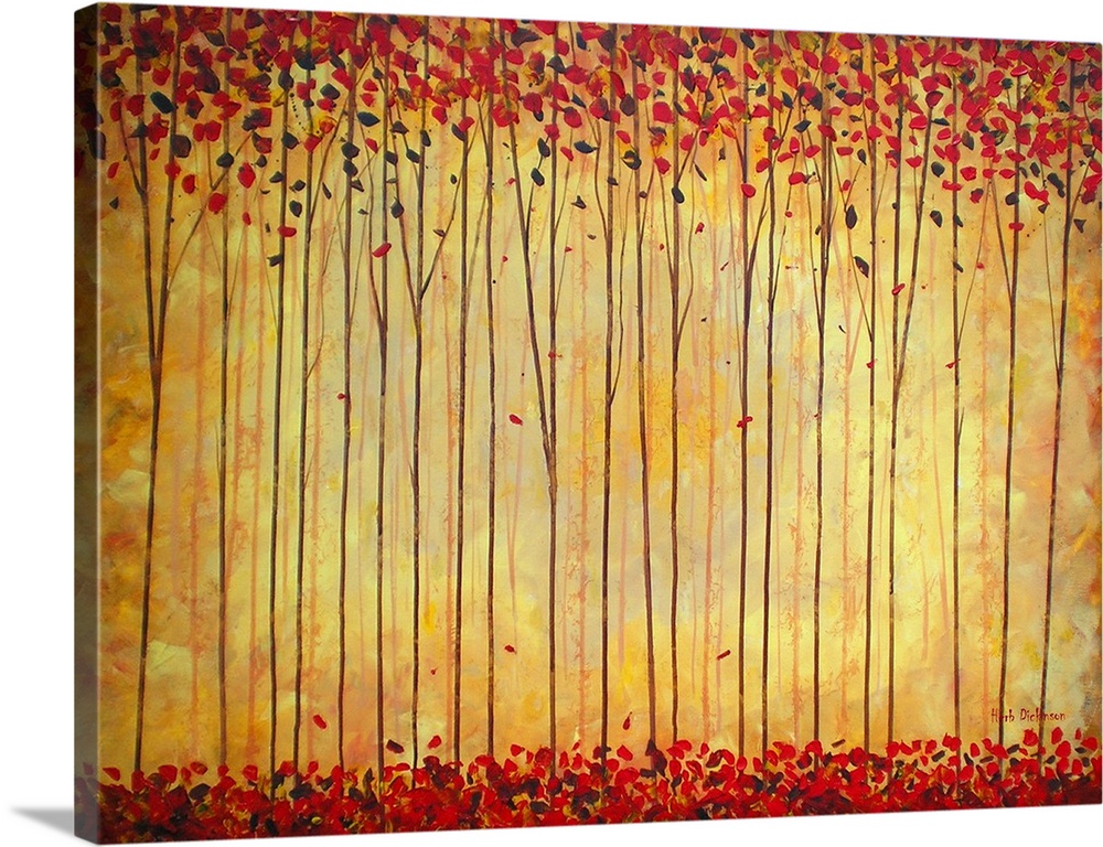 Contemporary painting of a forest with warm hues, tall, thin trees with red leaves and a golden background.