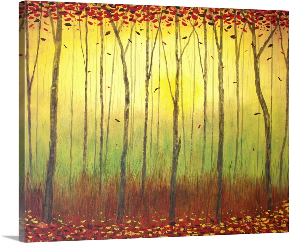 Contemporary painting of an Autumn forest with leaves falling from tall, skinny trees, with yellow sunlight in the backgro...