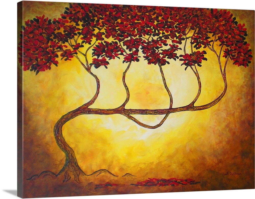 Contemporary painting of a bending tree with long, thin branches filled with red leaves on a golden background.