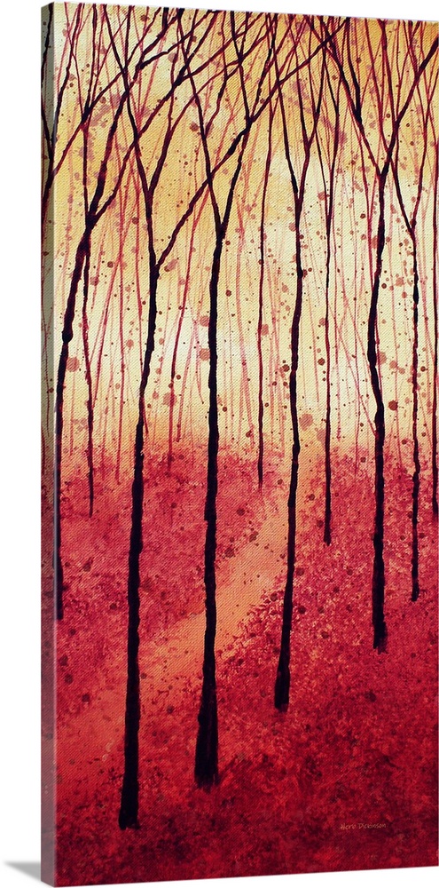 Panel painting of a tree landscape in shades of red and gold with paint splatter in the background.