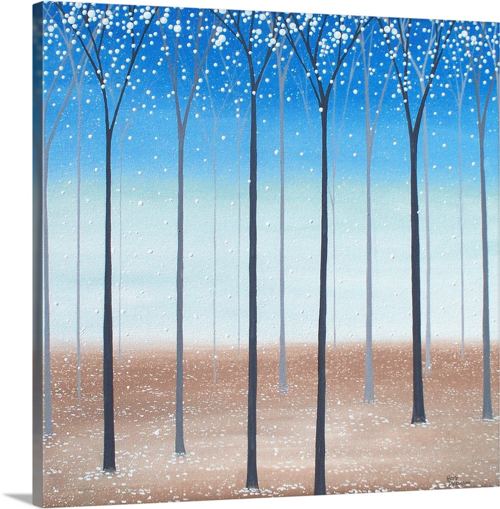 Square minimalist painting of tall, skinny trees with white blossoms falling to the ground.