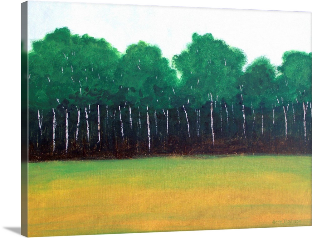 Landscape painting of trees lining the edge of a forest next to an open field.