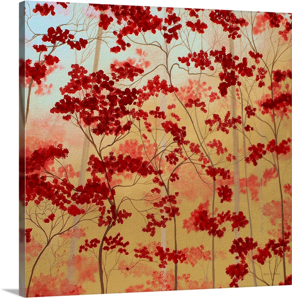 Painting of bold red trees on a golden background.