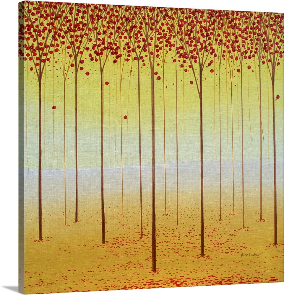 Square painting with warm tones of tall, skinny trees in rows with red leaves.