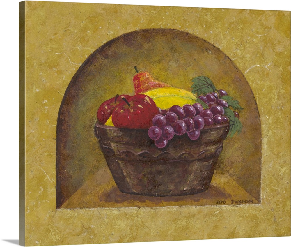 Old world style painting of a bowl of fruit.