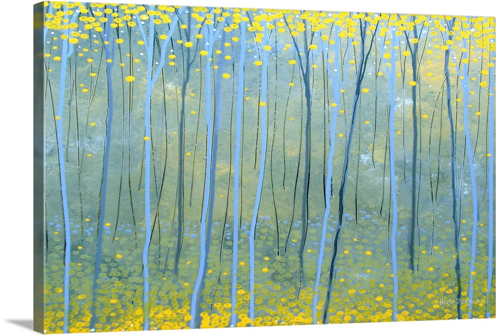 Contemporary painting of a Ginkgo forest in shades of blue and yellow.