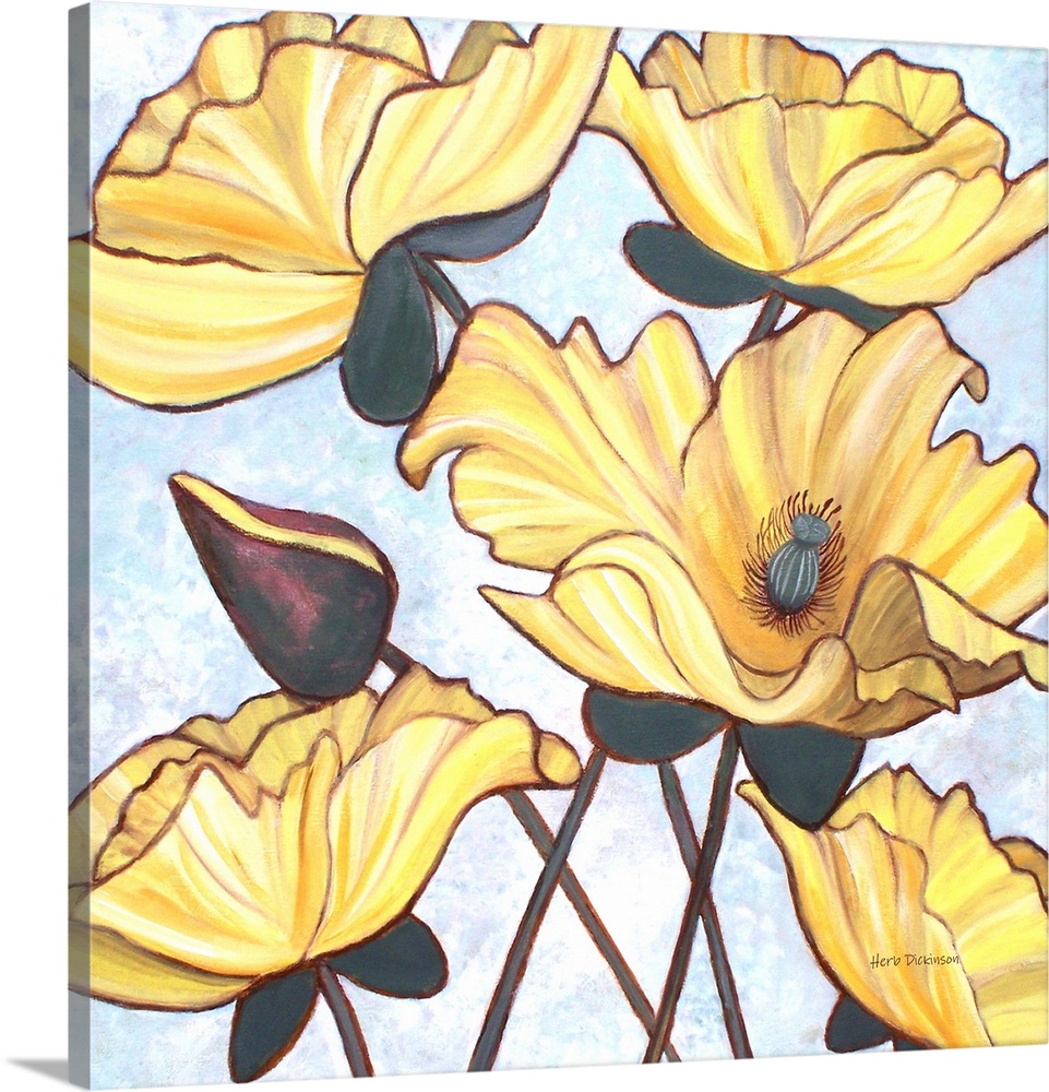 Square painting of yellow flowers on a light white, blue, and purple background.