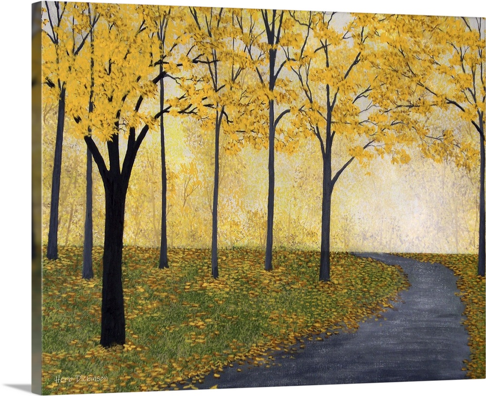 Contemporary painting of a road winding through yellow Autumn trees.