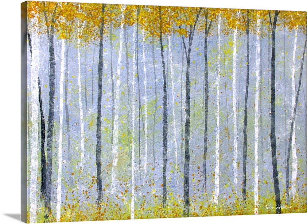 Contemporary painting of gray and white tree trunks with yellow leaves falling from the tops of the trees to the ground.