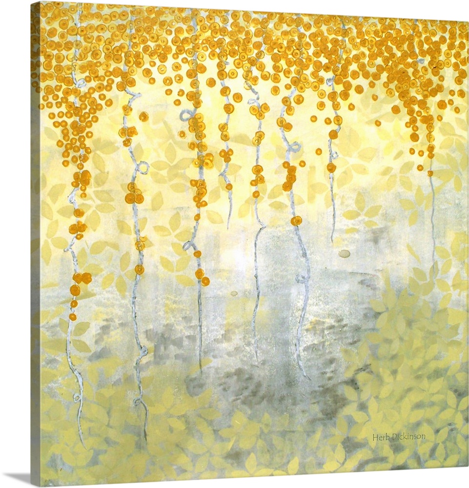 Impressionist abstract of vines and plants in shades of yellow and gray.