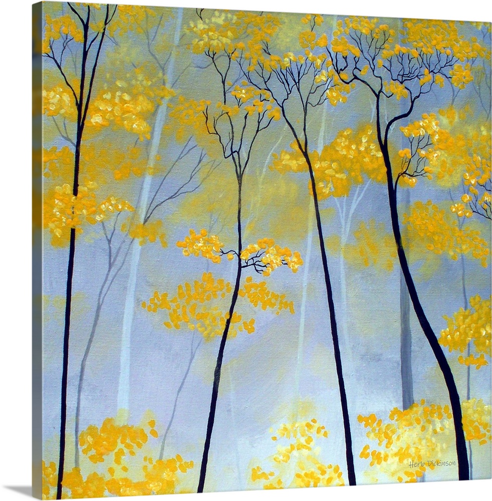 Square painting of golden tree tops.