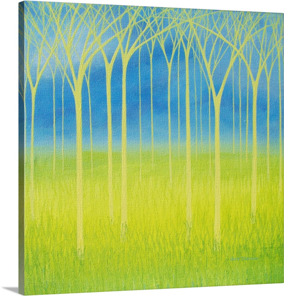 Painting of yellow trees on a blue and lime green background.