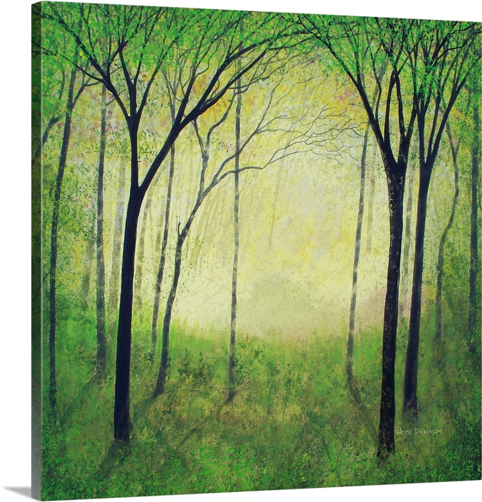 Square landscape painting of a green and and yellow forest filled with trees.