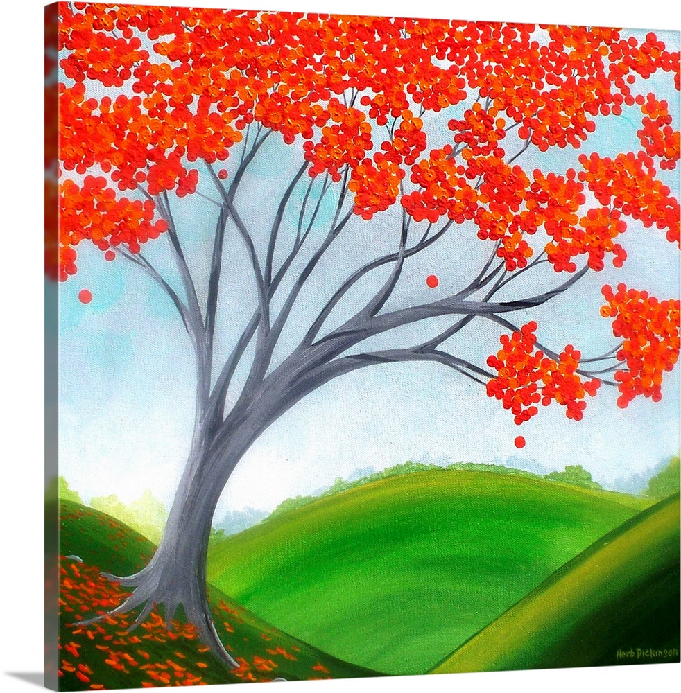 Contemporary square painting of a tree with red leaves on the side of a hill with rolling hills in the background.