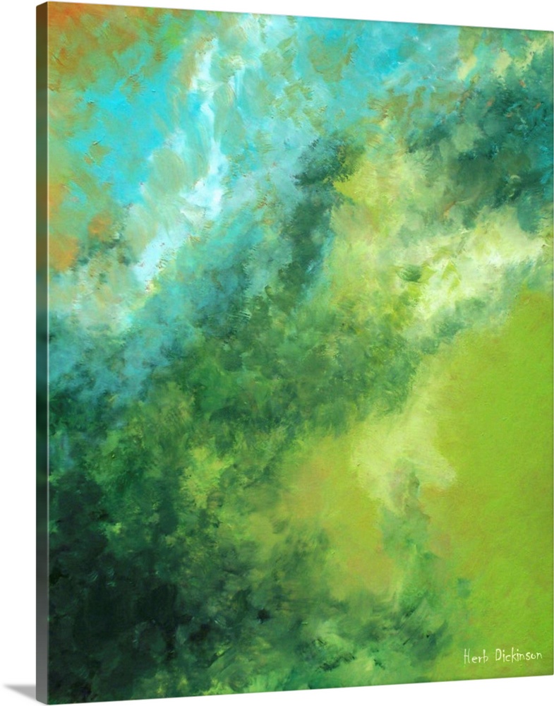 Abstract painting created with dark green, bright green, light blue, white, and orange hues.