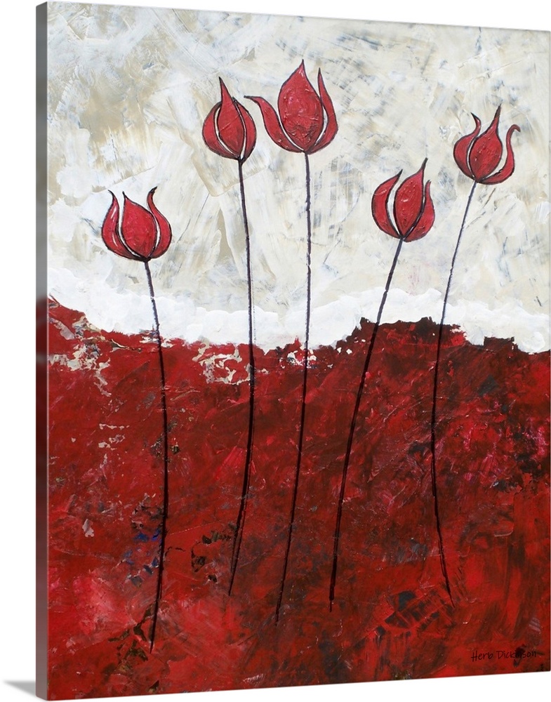 Painting with five long stemmed red flowers with a bold red ground below and a white and beige sky above.