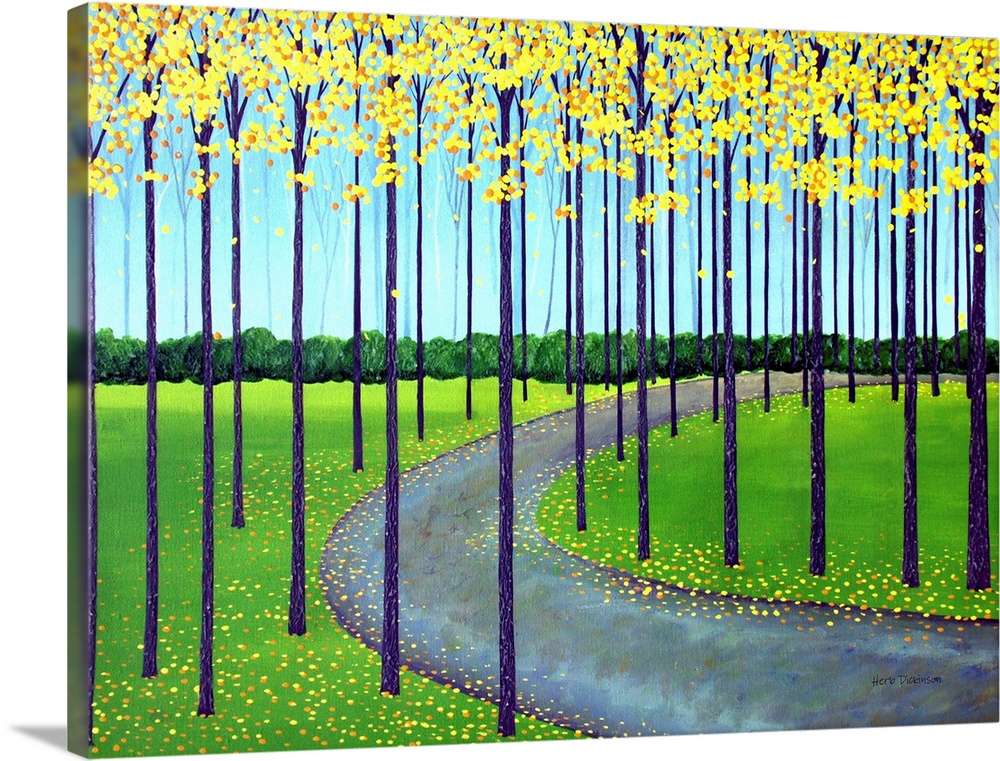 Contemporary painting of a winding path going through a park lined with rows of Autumn trees with yellow and orange leaves.