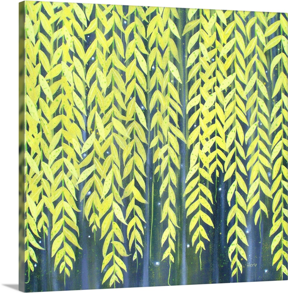 Yellow weeping willow wines and leaves running vertically down a square canvas with a dusty blue and green background.