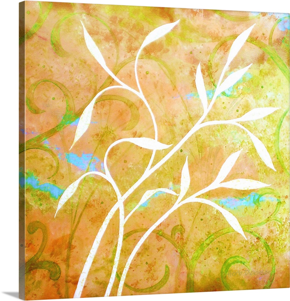 Square painting of white silhouetted Jasmine leaves on a yellow and orange background with green vine and hints of blue.