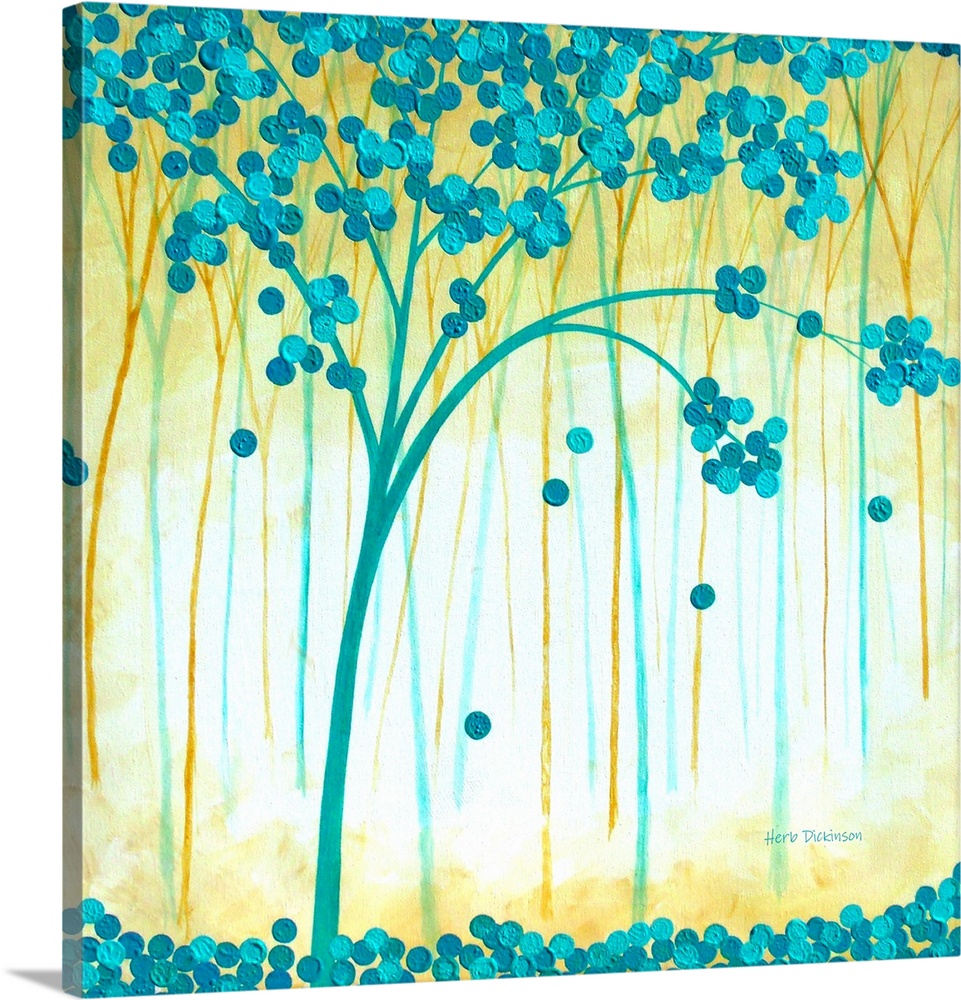 Contemporary square painting of blue and gold trees with blue circular leaves.