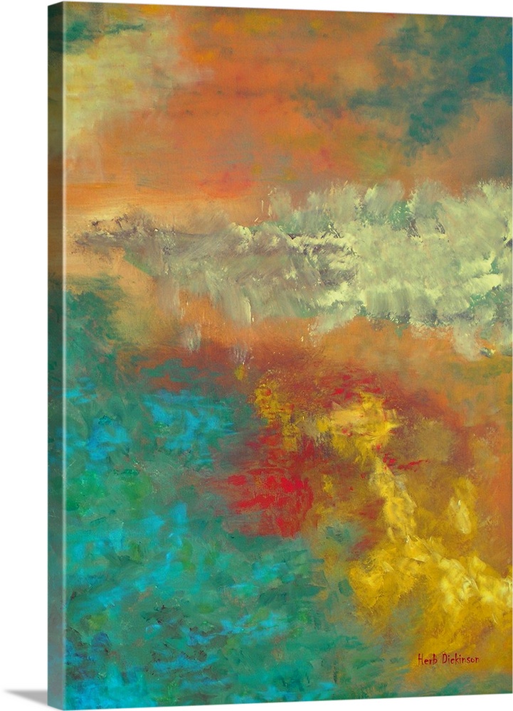 Abstract painting created with bright blue, green, orange, red, yellow, and gold hues representing a reflection on the lake.