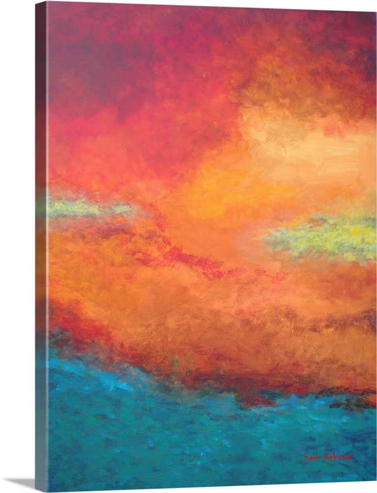 Abstract painting created with bright orange, red, blue, green, and yellow hues representing a reflection on the lake.