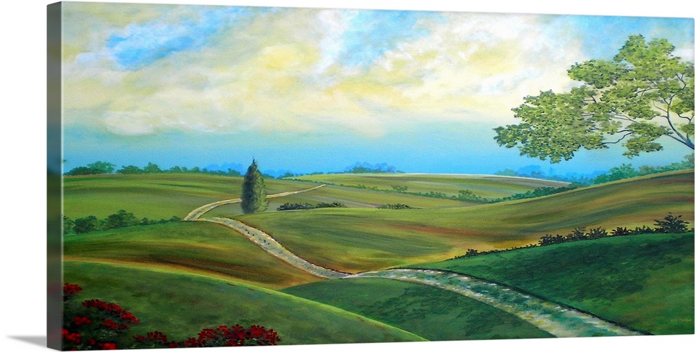 Landscape painting of Leicester's countryside and rolling hills on a beautiful day.