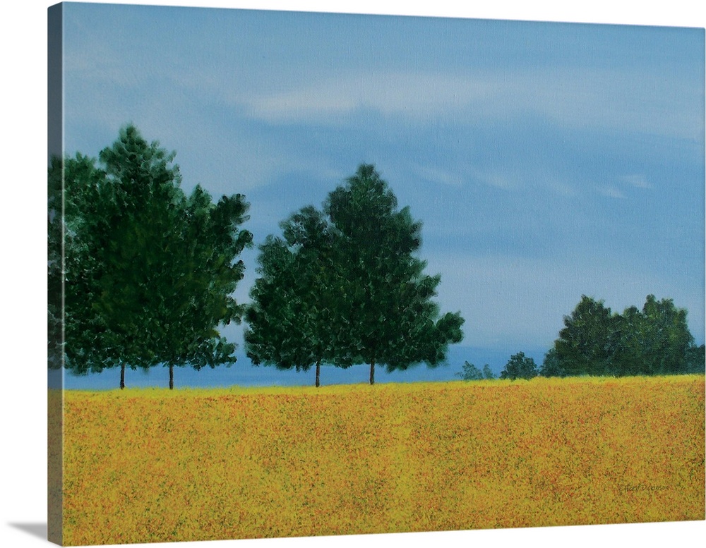 Landscape painting with dark green trees and an open field in the foreground.