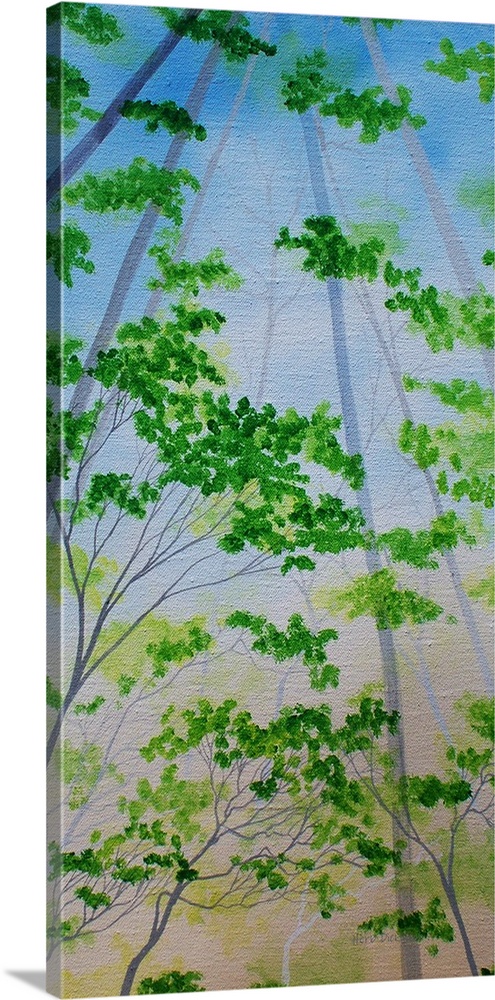Panel painting of green tree tops with blue skies.