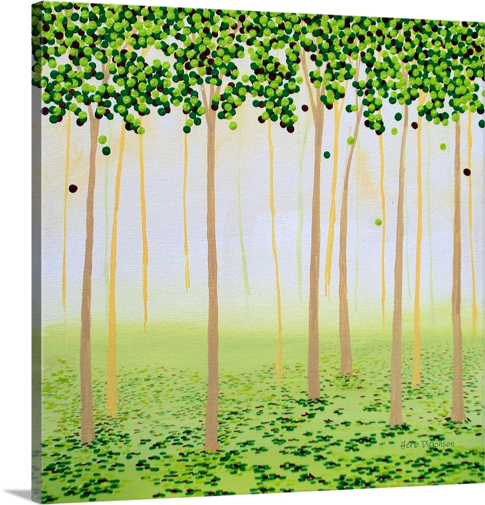 Square painting of a forest covered in circular leaves made with shades of green.