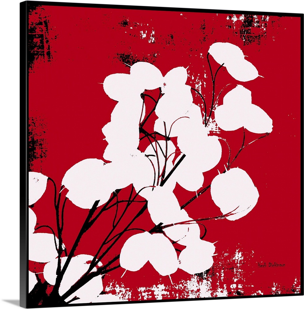 Square silhouetted painting of a money plant in red, black, and white with a black boarder.