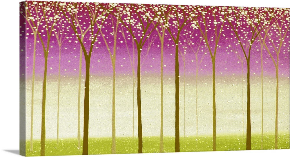 Landscape with tall brown trees and white blossoms on a purple, pink, beige, and green layered background.