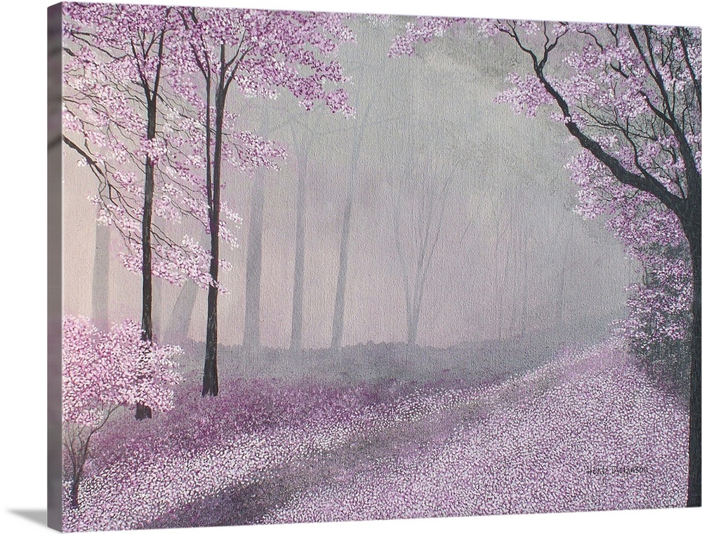 Forest landscape with pink, white, and purple leaves in the trees and covering the ground with a foggy appearance.
