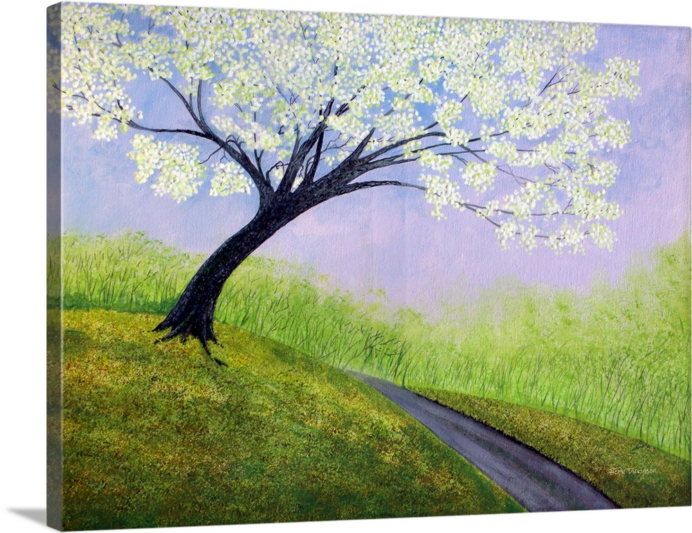 Contemporary painting of a path going up a hillside with a large tree with white blossoms.